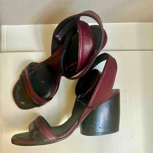 Vintage Celine Chunky Block Heel Burgundy Maroon Black Leather Sandals 38.5 8